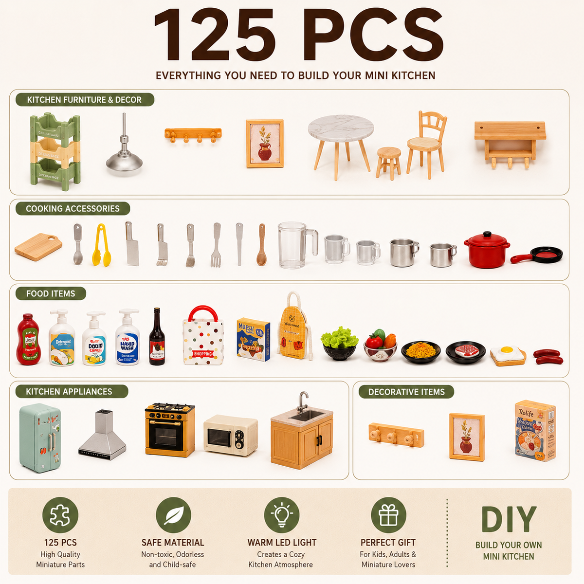 125 Pcs Everything You Need – Kitchen Furniture, Cooking Accessories, Food Items, Appliances, Decorative Items