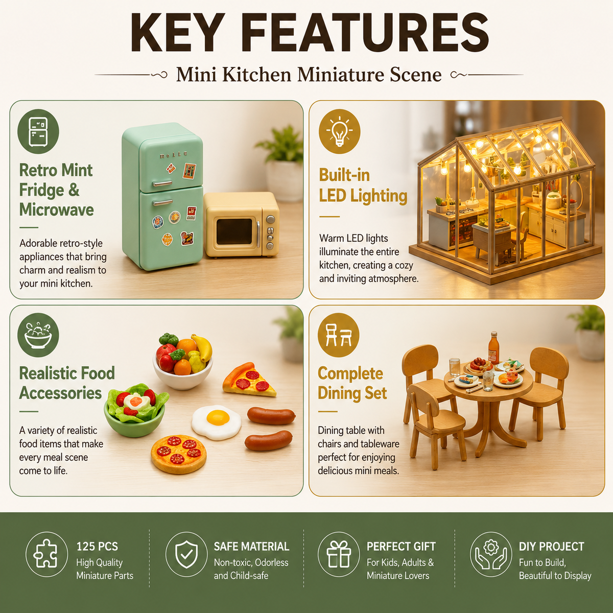 Key Features – Retro Mint Fridge, Built-in LED Lighting, Realistic Food Accessories, Complete Dining Set