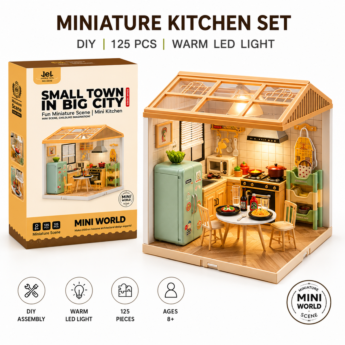Miniature Kitchen House Playset – primary product image with box and assembled mini kitchen scene with LED lights