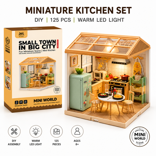 Miniature Kitchen House Playset – primary product image with box and assembled mini kitchen scene with LED lights