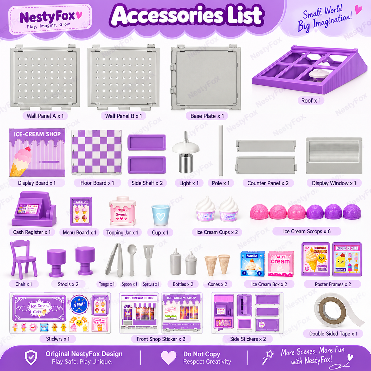 NestyFox DIY mini ice cream shop toy with purple ice cream shop scene
