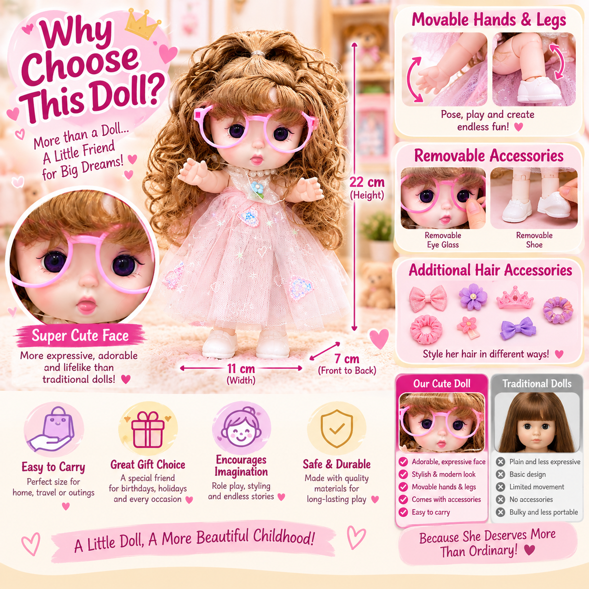 Why choose this NestyFox doll: 22 cm size, movable hands and legs, removable glasses and shoes, hair accessories, and gift benefits