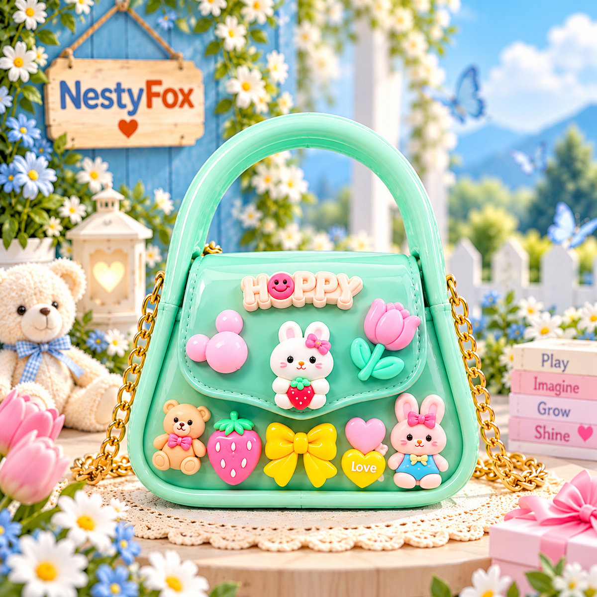 NestyFox Mini Handbag for Girls with Magnetic Lock & 60 cm Chain