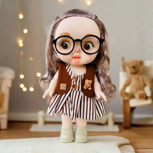 NestyFox 26 cm Stylish Baby Doll with Glasses & Striped Dress | Soft Vinyl Body | Realistic Look | Fashion Toy Gift for Girls