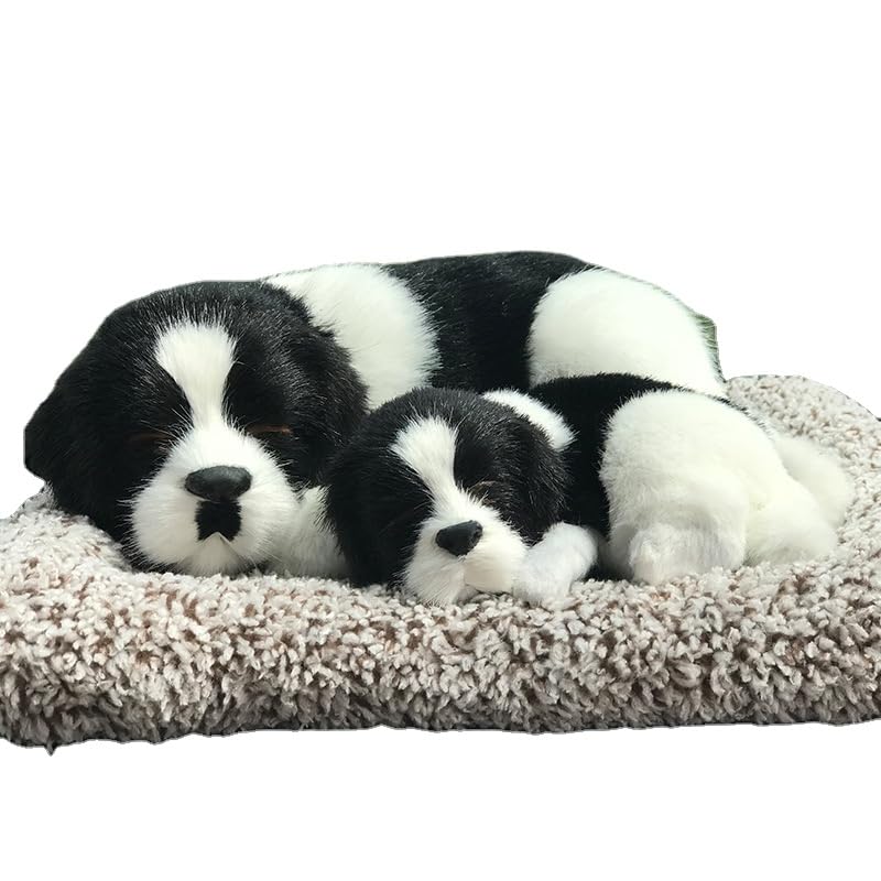 Nestyfox Realistic black and white sleeping dog plush toy with a mother and puppy cuddled together on a soft bed – perfect for home decor or car dashboard.

