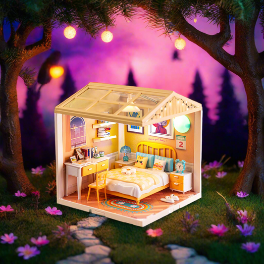 NestyFox Mini Bedroom Dollhouse with LED Lights | DIY ABS Plastic Doll House Kit with Furniture