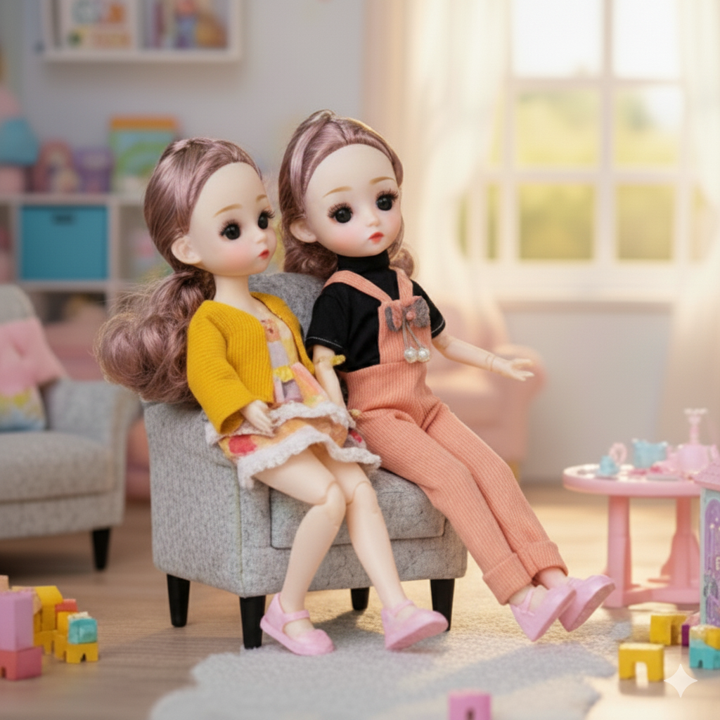 Pack of 2 Fashion Dolls - Lifestyle playroom scene sitting on sofa
