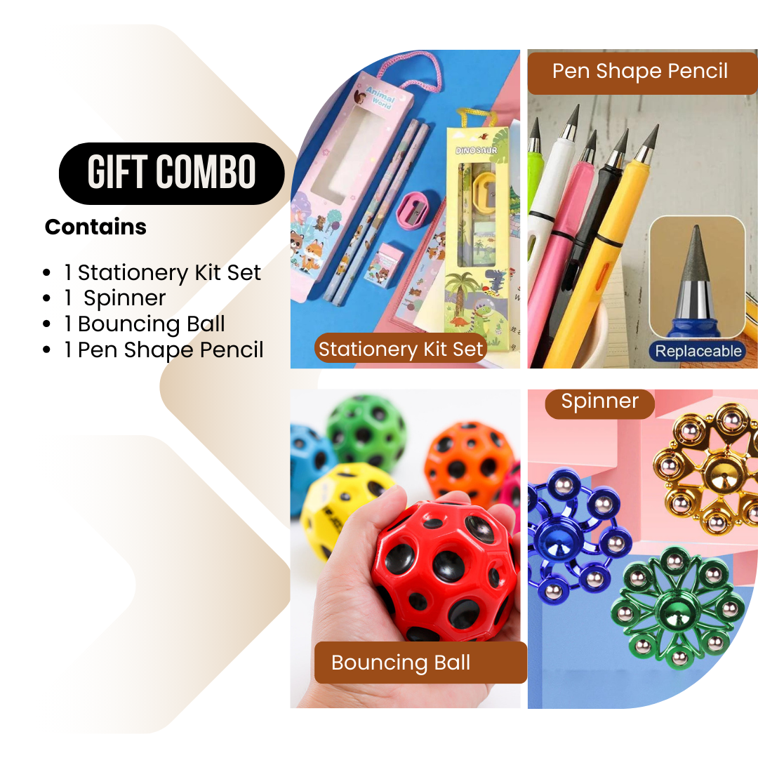 Gift/Return Gift Combo with Stationery Kit Set, Spinner, Bouncing Ball & Pen Shape Pencil