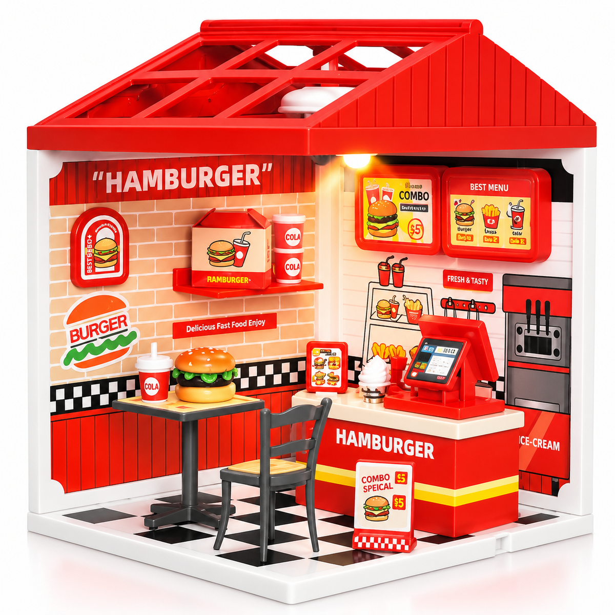 NestyFox DIY Mini Ice Cream Shop Dollhouse Toy with Light & Accessories