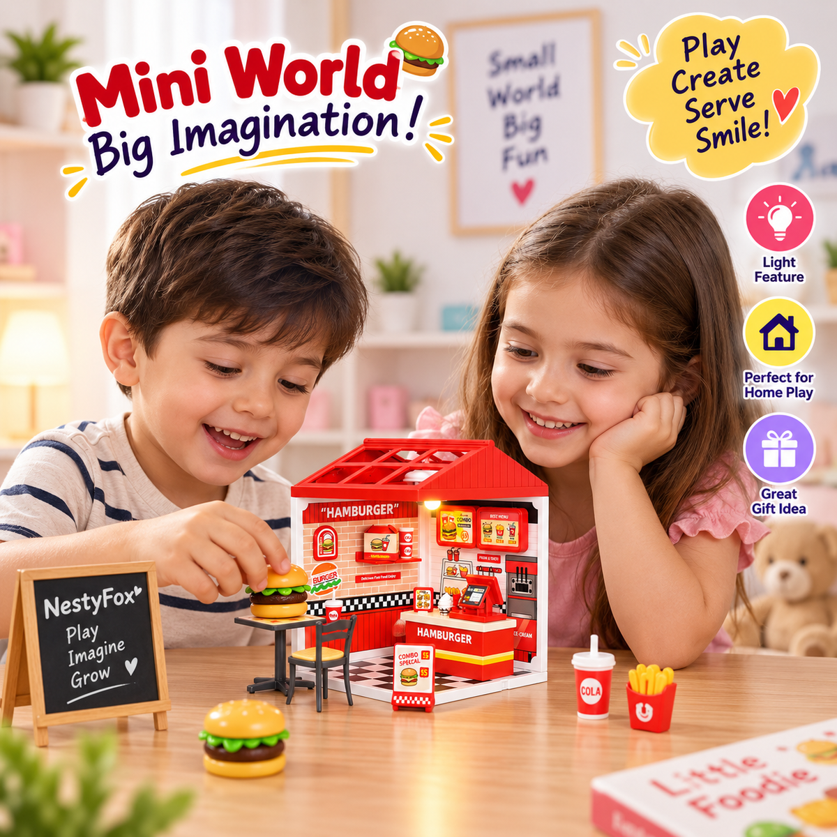 NestyFox DIY Mini Ice Cream Shop Dollhouse Toy with Light & Accessories