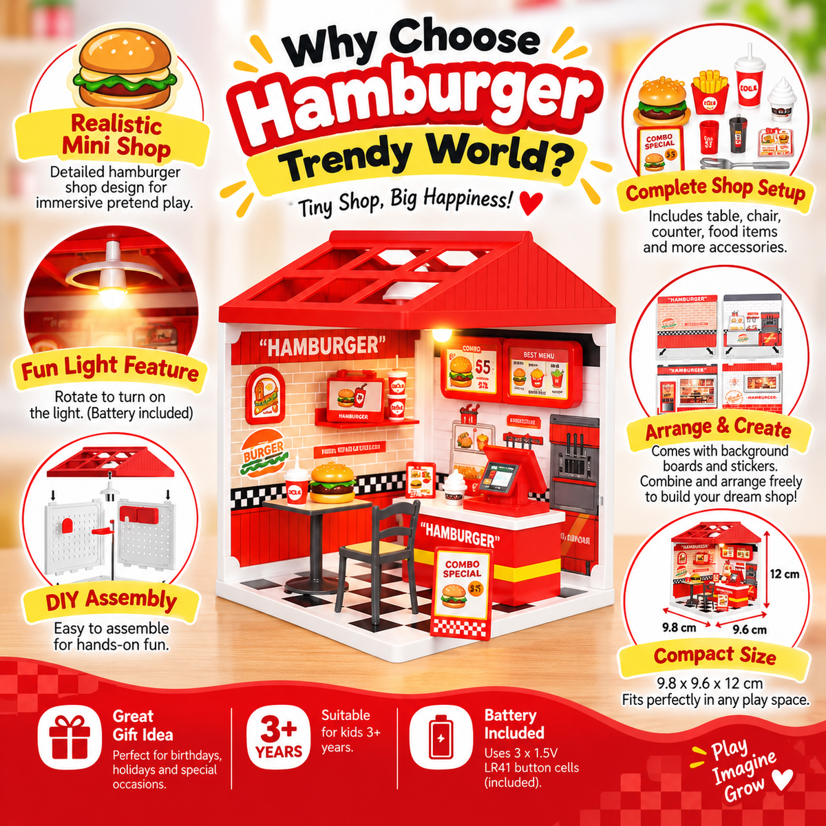 NestyFox DIY Mini Ice Cream Shop Dollhouse Toy with Light & Accessories