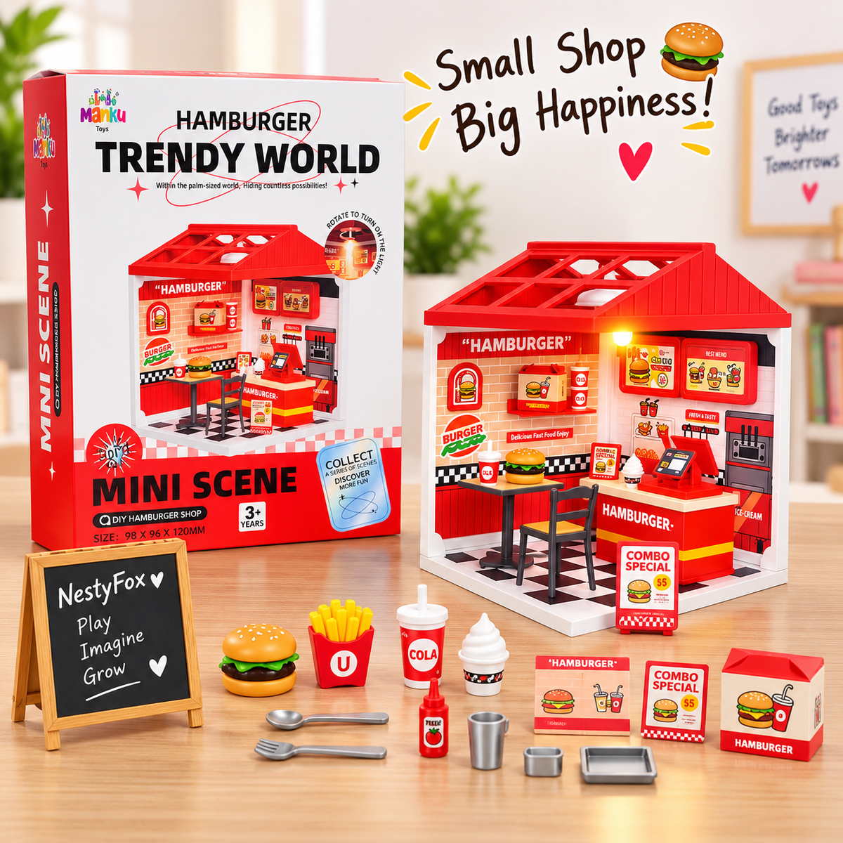 NestyFox DIY Mini Ice Cream Shop Dollhouse Toy with Light & Accessories