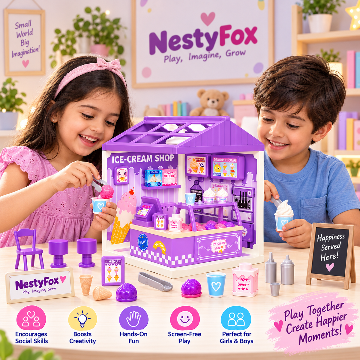 NestyFox mini ice cream shop toy features and benefits infographic