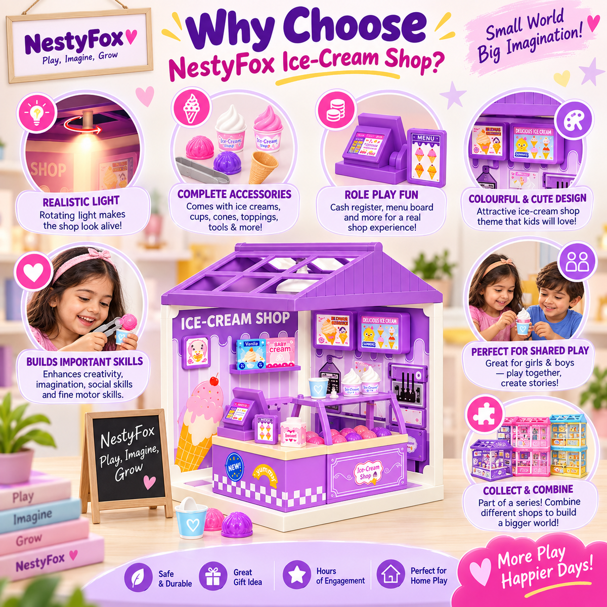 NestyFox mini ice cream shop toy accessories list
