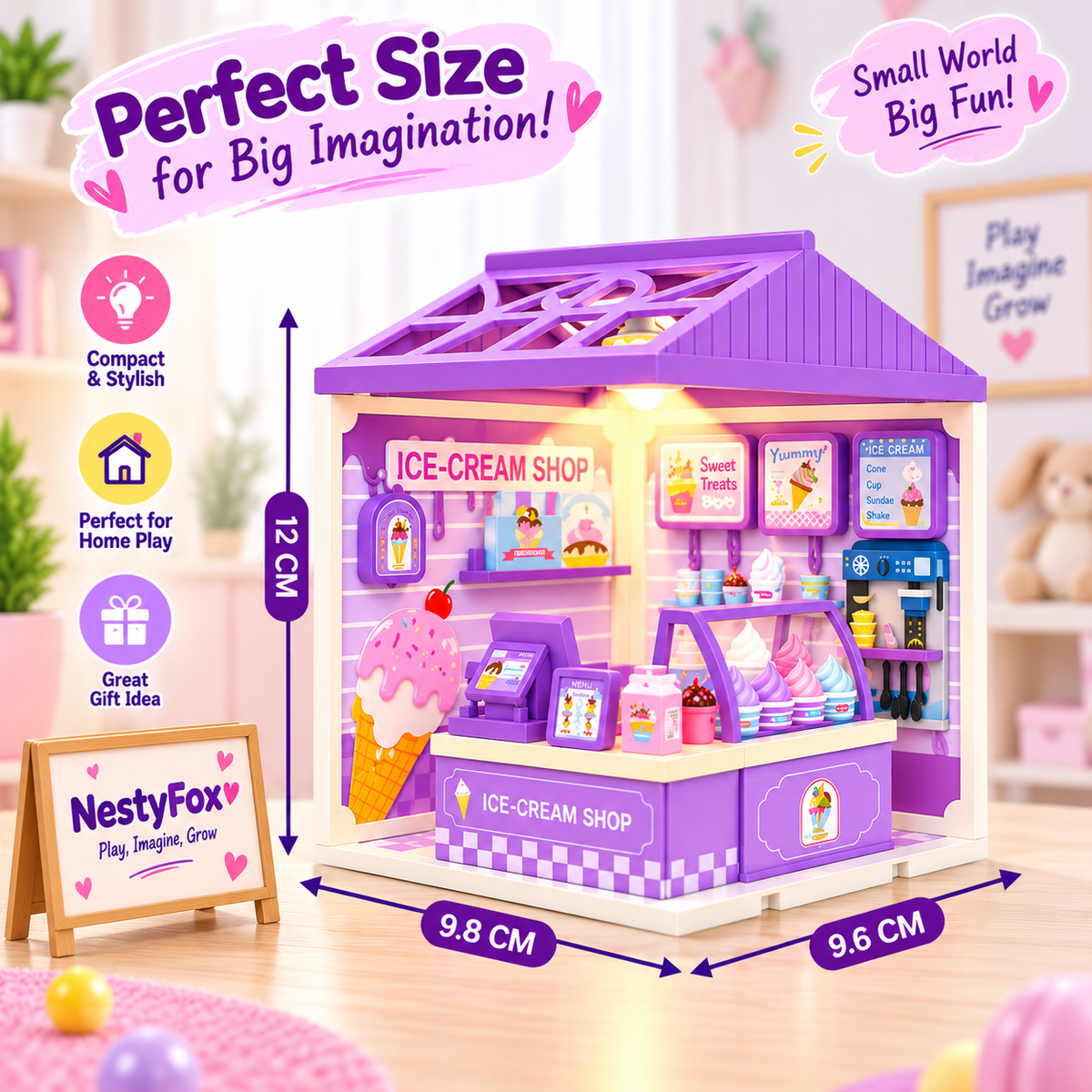 NestyFox mini ice cream shop toy size and dimensions