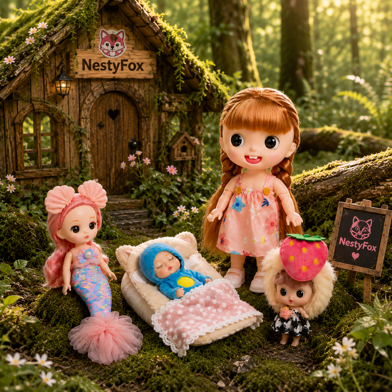 NestyFox 4 Dolls Set – Coco & Friends with Music & Light (22cm Fashion Doll + Mermaid + Mini + Baby)