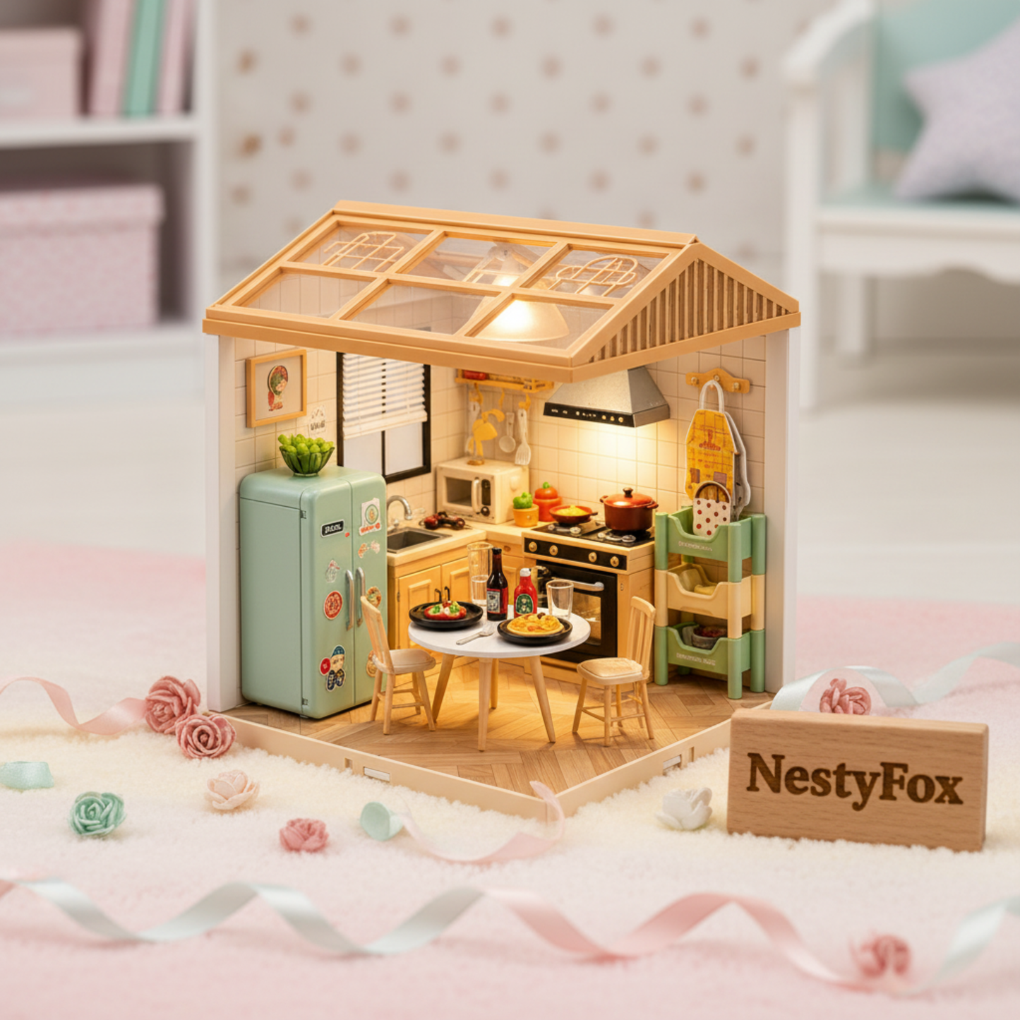 DIY Miniature Kitchen House Kit | 125 PCS | Warm LED Light