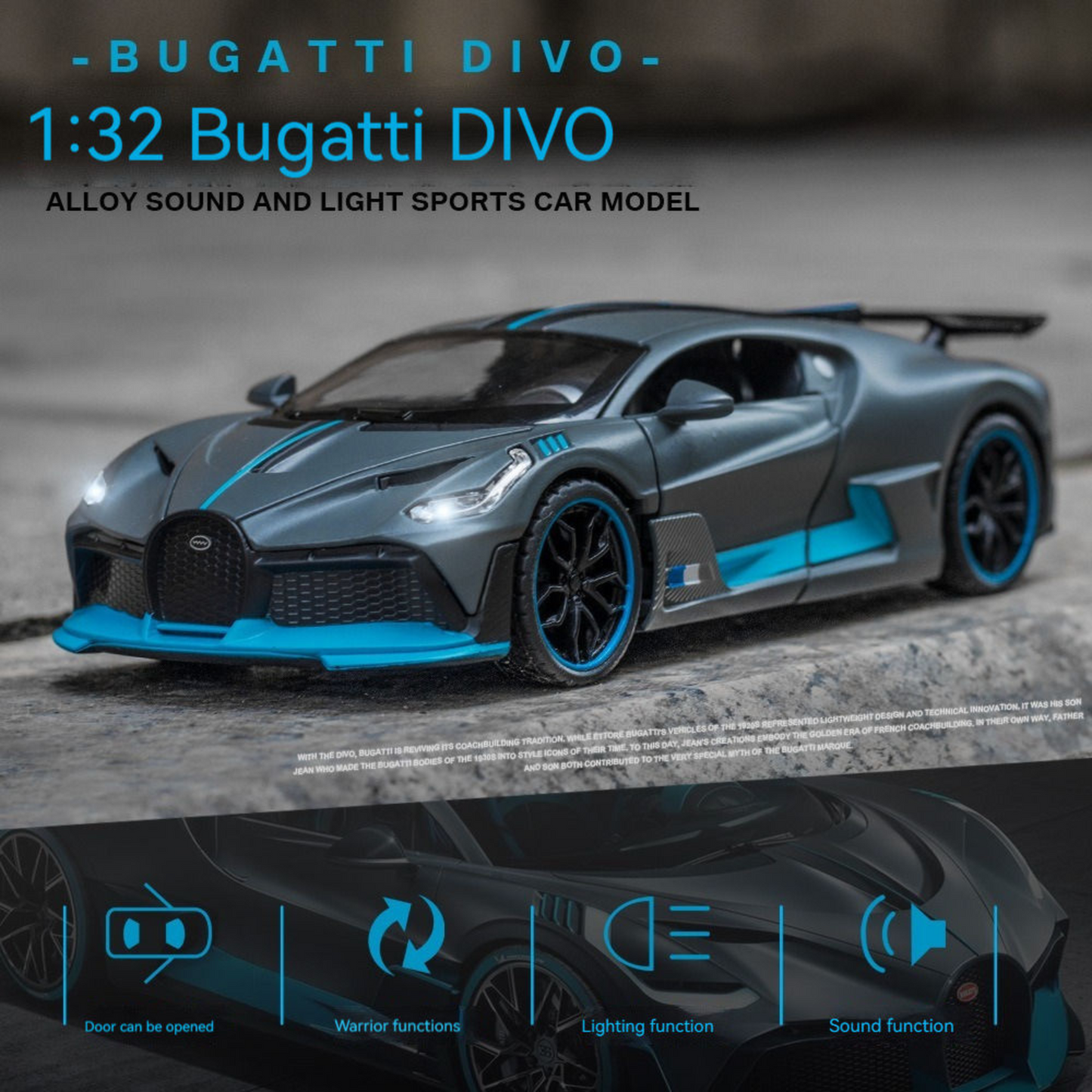 NestyFox 1:32 Bugatti Divo Alloy Car Model – Sound, Lights & Pull-Back Action