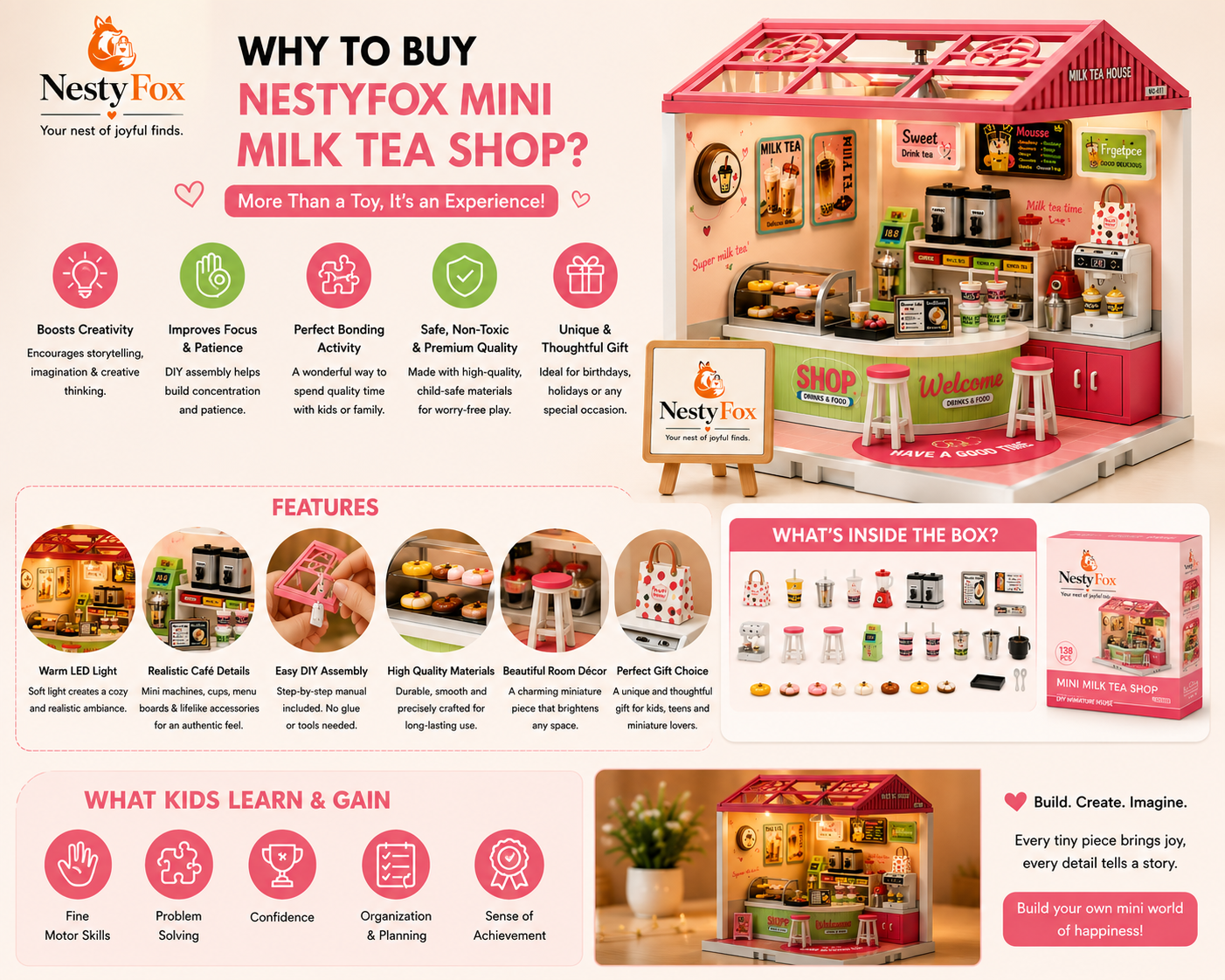 DIY Miniature Milk Tea Shop | 138 PCS | Warm LED Light | Mini World
