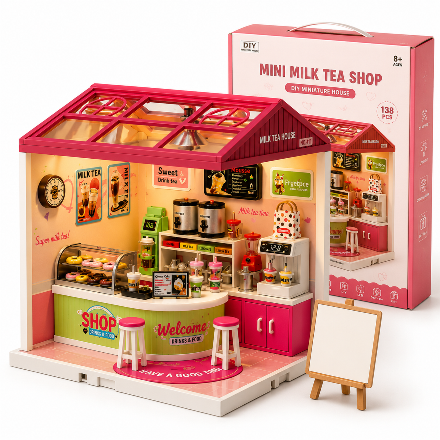DIY Miniature Milk Tea Shop | 138 PCS | Warm LED Light | Mini World