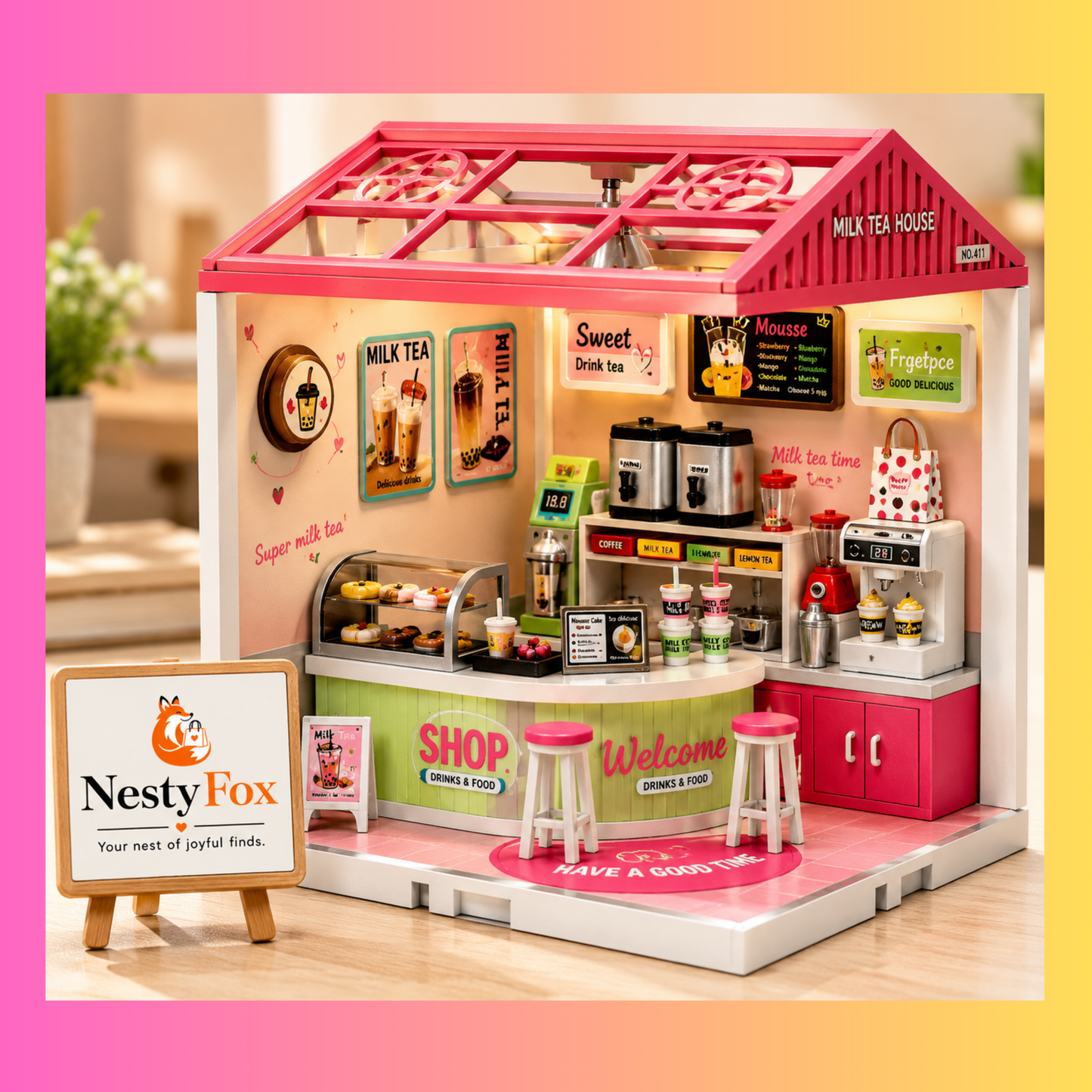 DIY Miniature Milk Tea Shop | 138 PCS | Warm LED Light | Mini World
