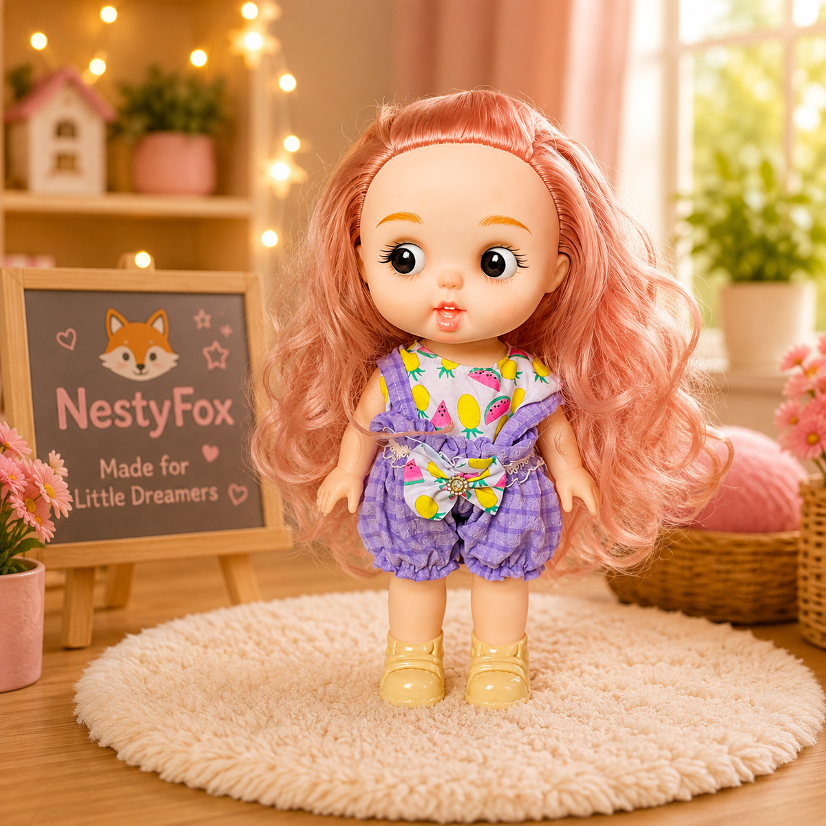 NestyFox 26 cm Stylish Baby Doll with Glasses & Striped Dress | Soft Vinyl Body | Realistic Look | Fashion Toy Gift for Girls