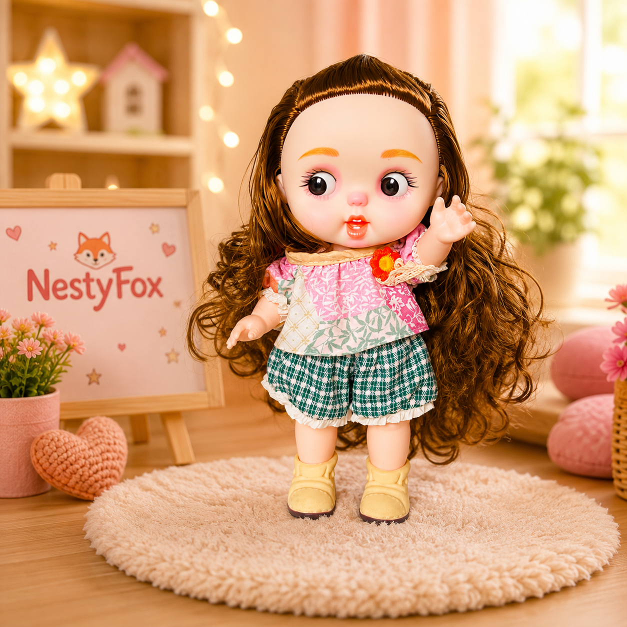 NestyFox 26 cm Stylish Baby Doll with Glasses & Striped Dress | Soft Vinyl Body | Realistic Look | Fashion Toy Gift for Girls