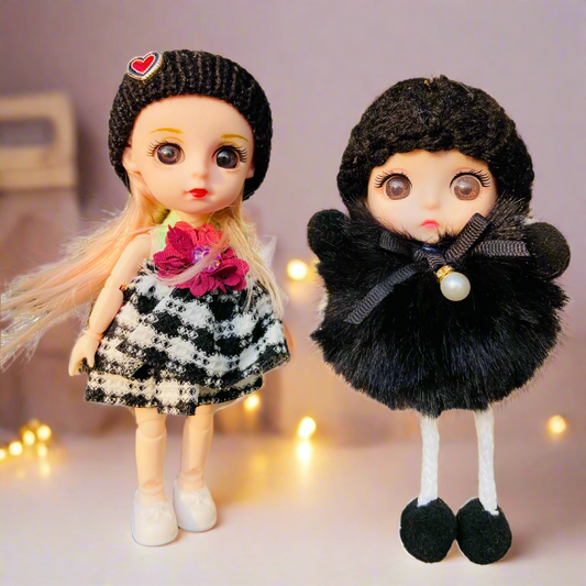 NestyFox 16 cm Doll Keychain Combo – Set of 2 Mini Dolls with Winter Outfits | Soft Vinyl Body | Bag Hanging Accessory & Gift Toy for Girls