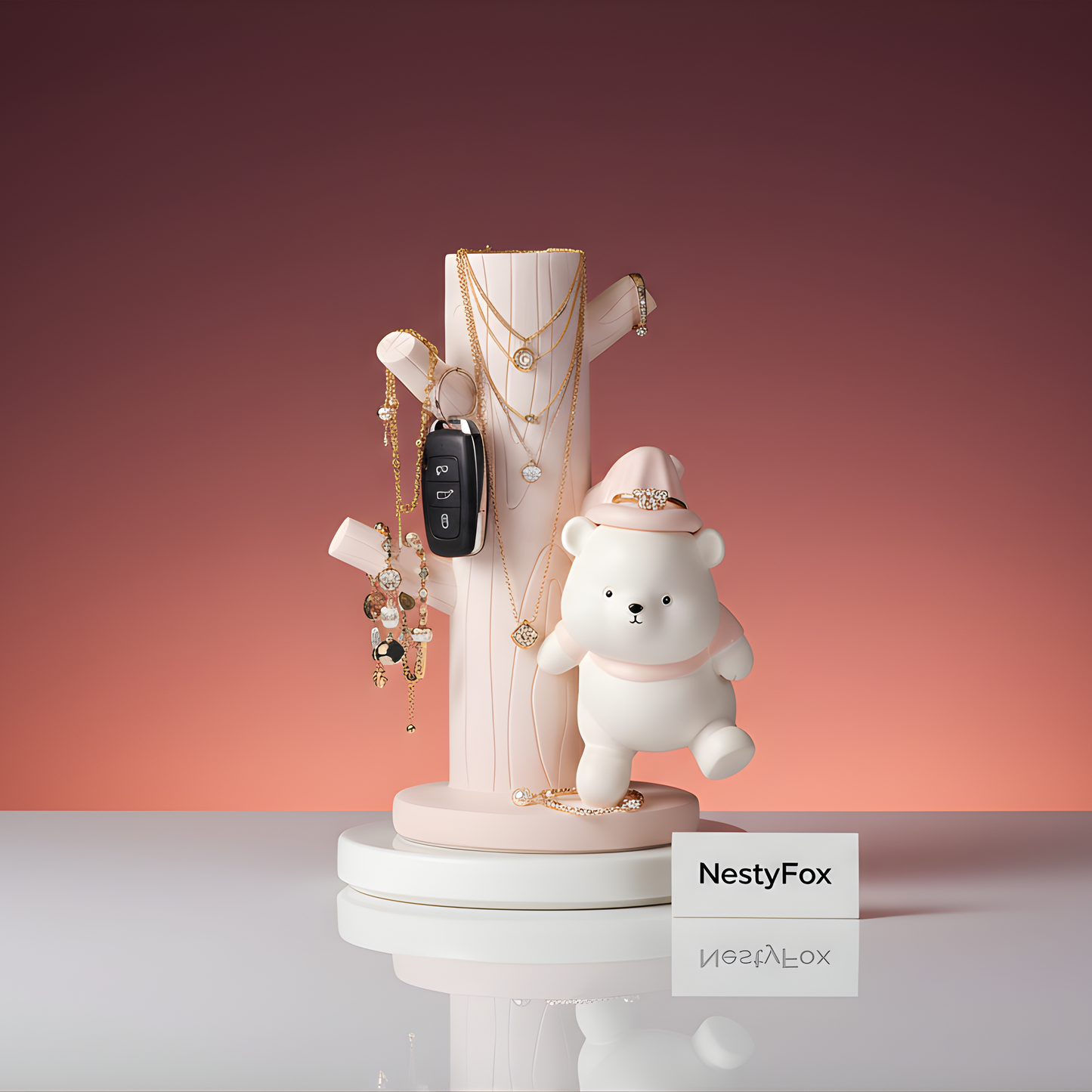 Cute White Bear and Tree Trunk Jewelry, Key, Ring Holder Stand