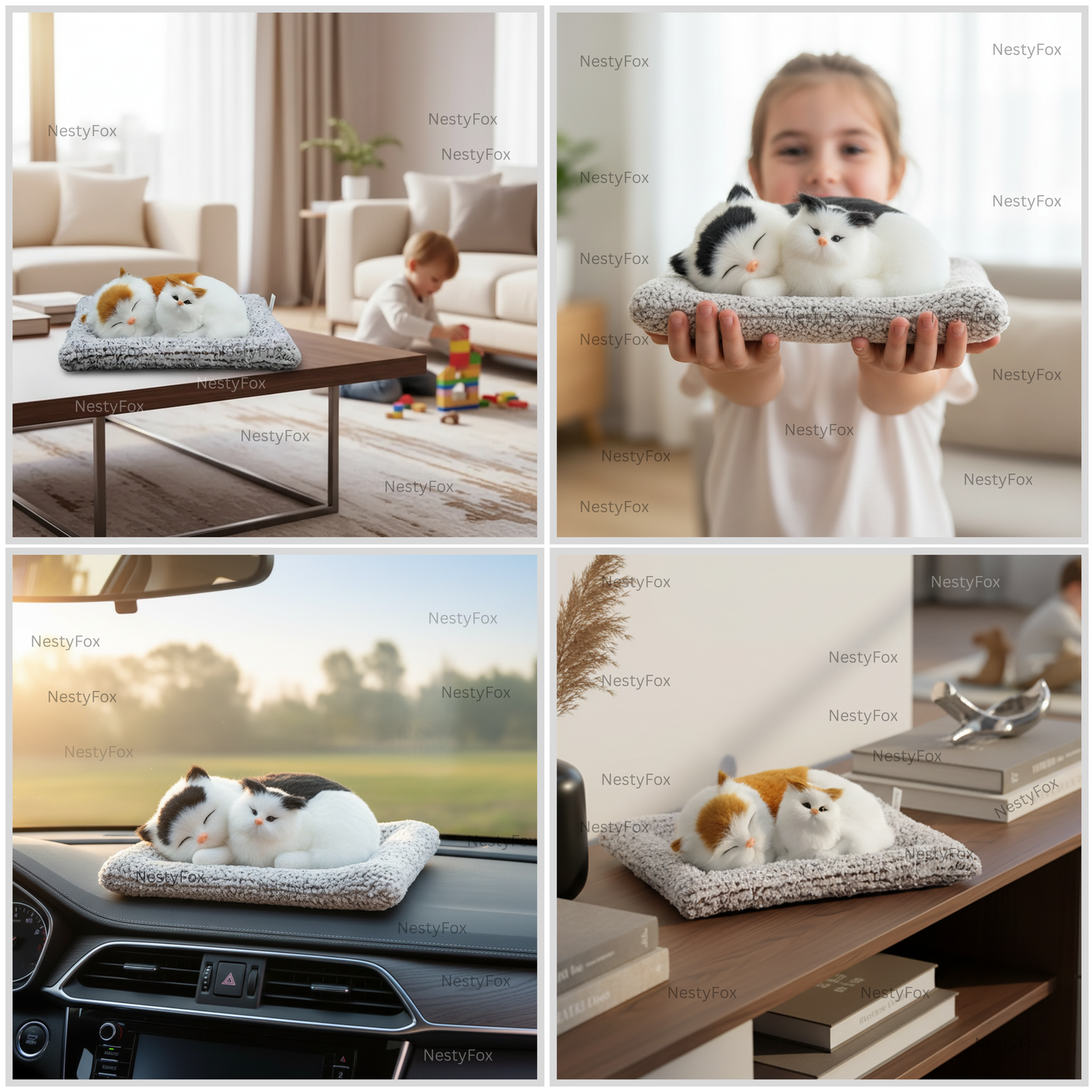 NestyFox Sleeping Cat Plush– Mother & Kitten Set for Kids, Home & Car Décor