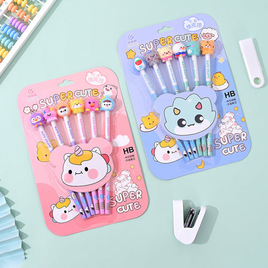 Cute Kawaii Pencil with Eraser Set of 6