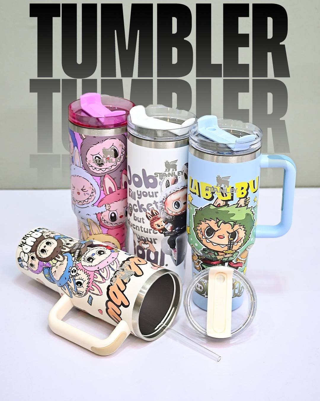 Labubu Anime Stanley-Style Tumbler | 1.18L Insulated Metal Bottle with Handle & Straw