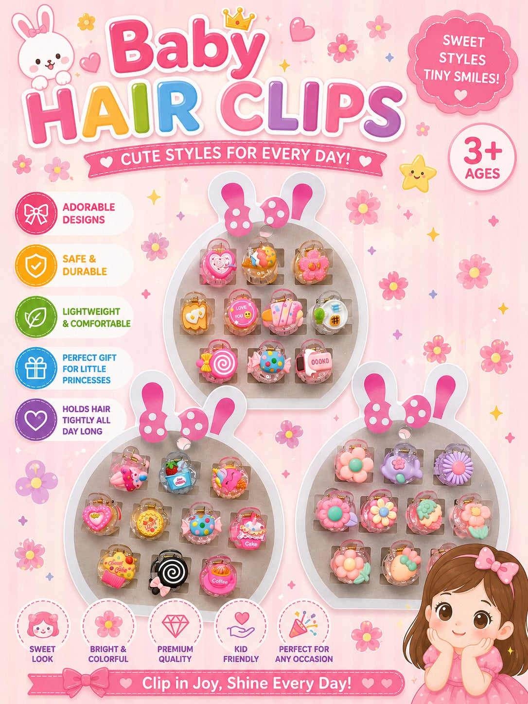 Baby Hair Clips – 3 bunny display organizers with colorful cute charm clips, 3+ ages
