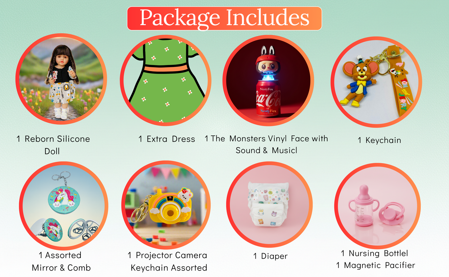 NestyFox 53cm Reborn Silicone Doll Gift Set with 8 Accessories