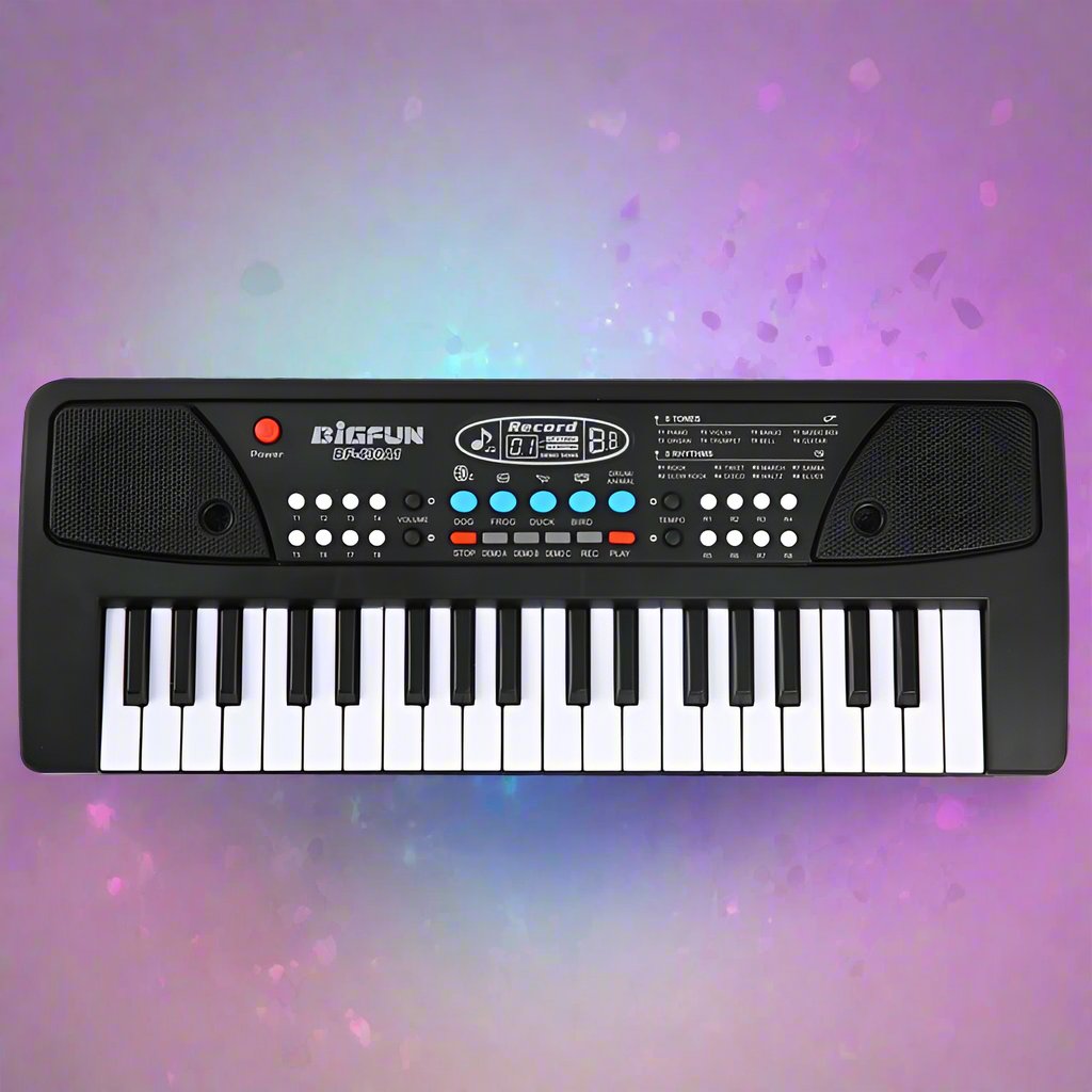 37 Keys USB Electronic Organ Kids Electric Piano in black, featuring built-in stereo speakers and a microphone, designed for children. The keyboard is sleek with perfectly sized keys, USB connectivity, and a modern design for interactive music learning