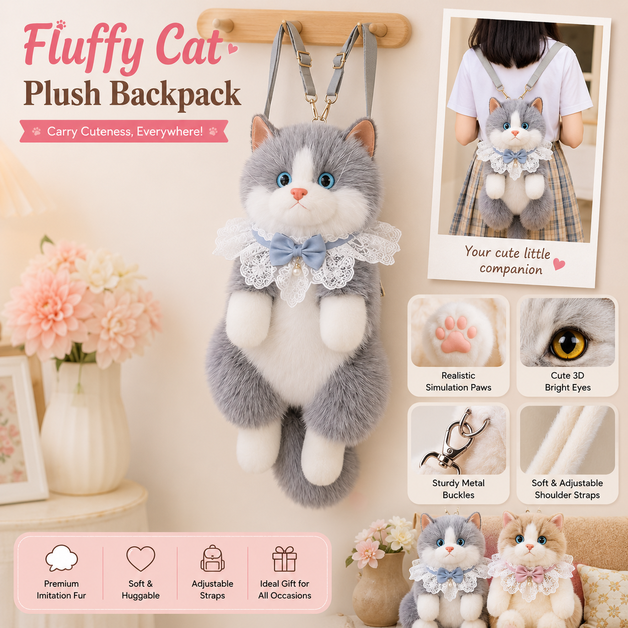 Realistic Fluffy Cat Backpack That Meows | Plush Shoulder Bag for Girls