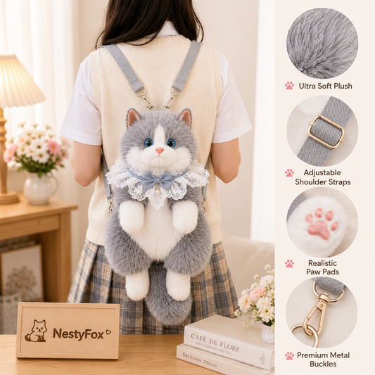 Realistic Fluffy Cat Backpack That Meows | Plush Shoulder Bag for Girls