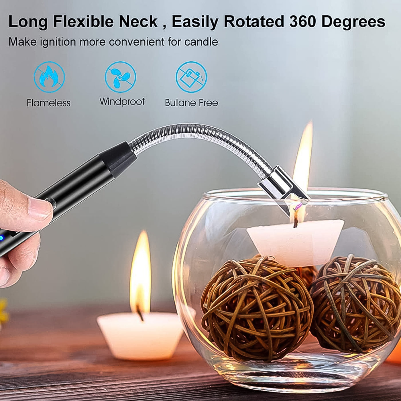 Electric Rechargeable Plasma Lighter - Flameless, Windproof, 360° Flexible Neck