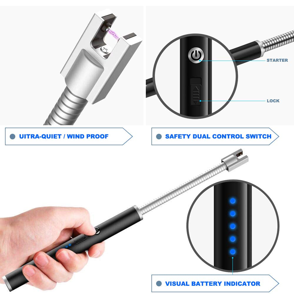 Electric Rechargeable Plasma Lighter - Flameless, Windproof, 360° Flexible Neck