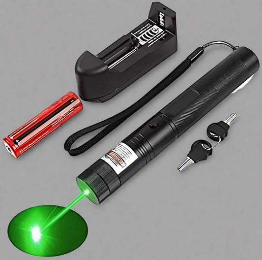 Rechargeable green laser pointer with high-power flashlight beam, multipurpose laser light for teaching and presentations