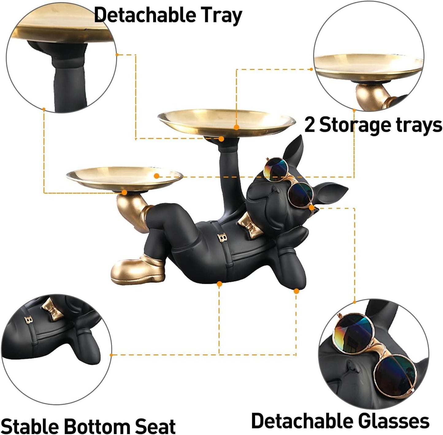 Resin Bulldog Desk Organizer - Multifunctional Storage Tray (Black, 33cm x 20cm)