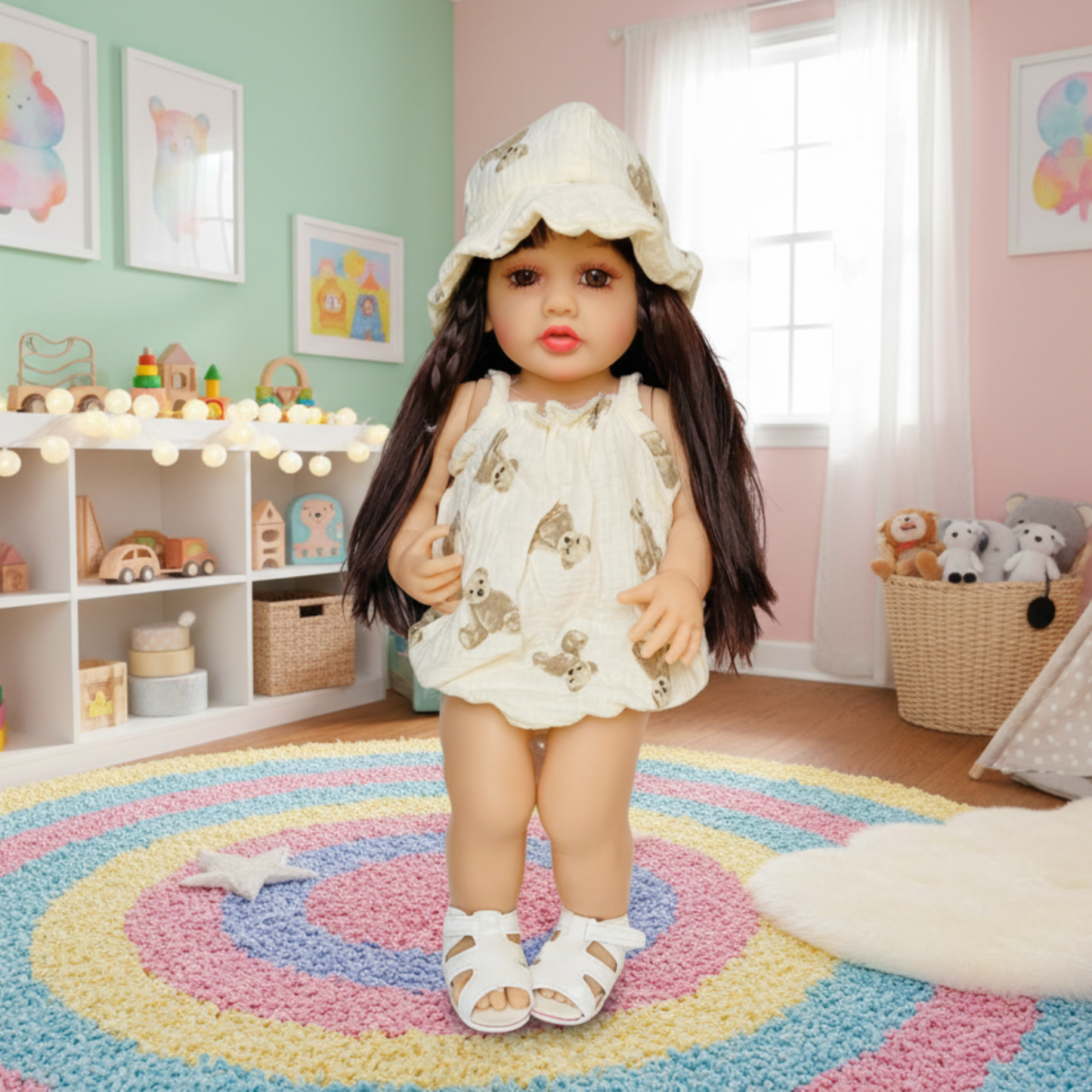 NestyFox Realistic Silicone Reborn Baby Girl Doll | 55cm Large Lifelike Soft Body with Long Hair, Nipple Bottle, Diaper & Magnetic Pacifier | Gift for Kids (Silicone Doll 16)