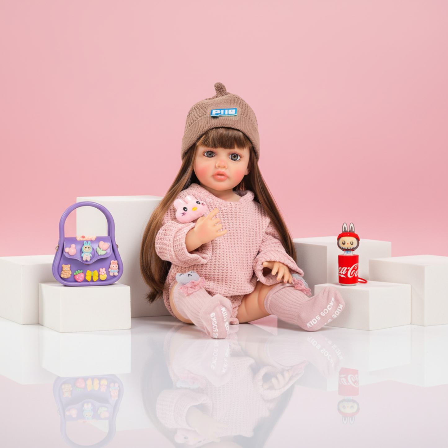 NestyFox Realistic Silicone Baby Doll with Handbag Set, Nipple Bottle, Diaper & Magnetic Pacifier – Soft Lifelike Doll for Girls