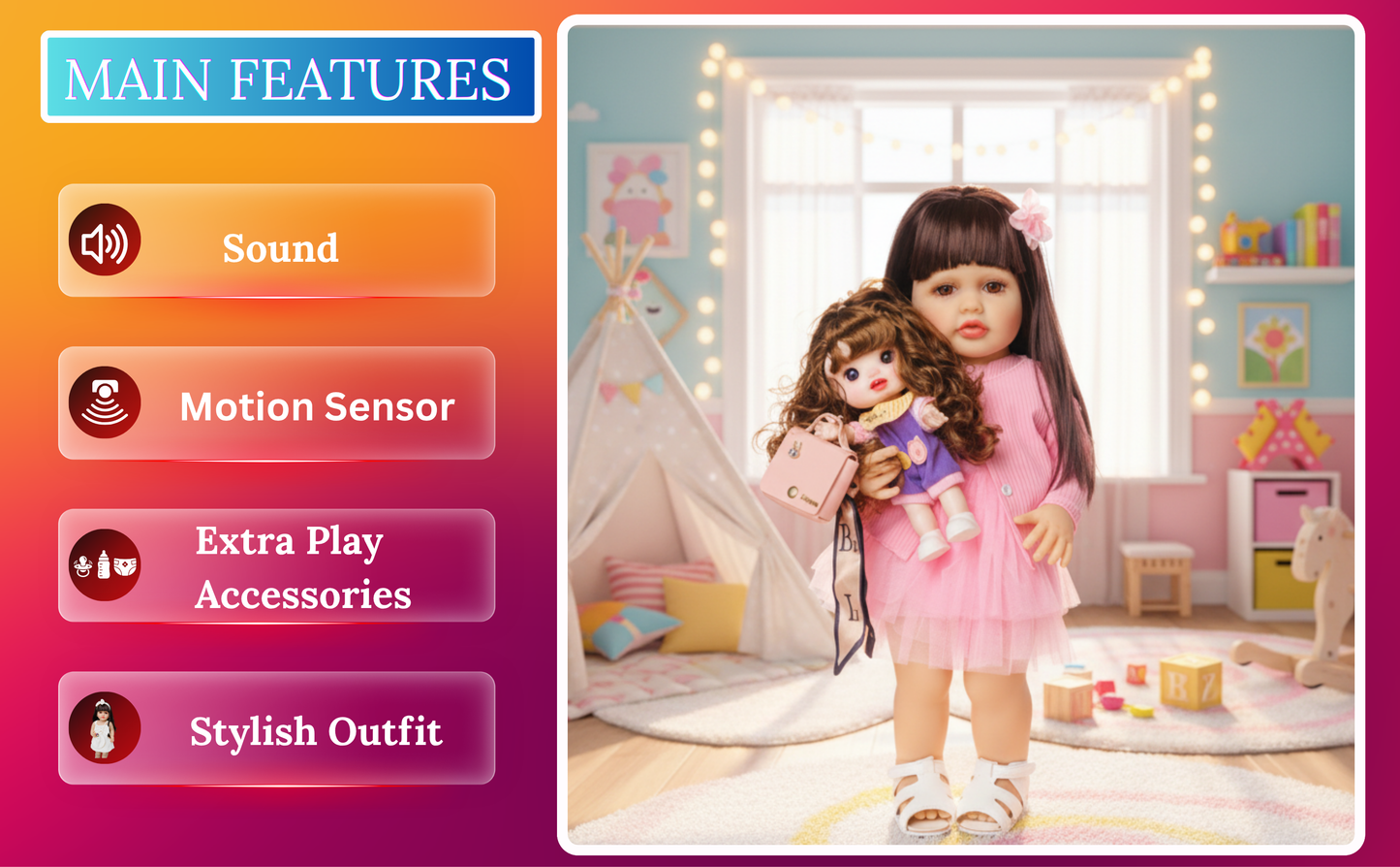 NestyFox Realistic Silicone Reborn Baby Girl Doll | 55cm Large Lifelike Soft Body with Long Hair, Nipple Bottle, Diaper & Magnetic Pacifier | Gift for Kids (Silicone Doll 16)