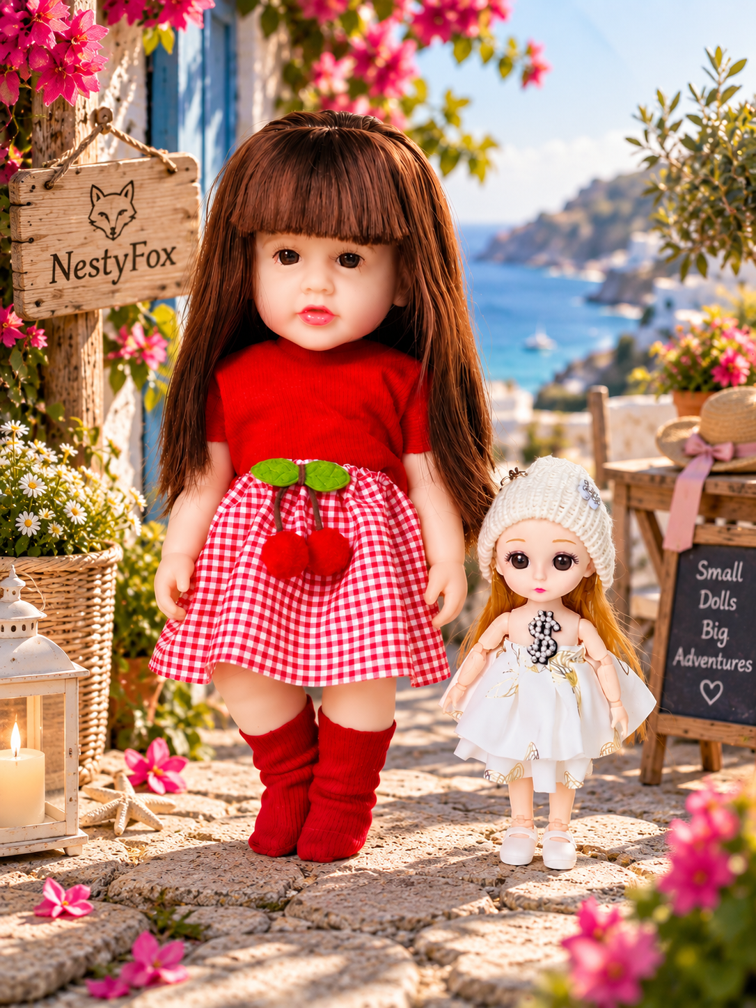 NestyFox three-doll combo in red dress with product measurements