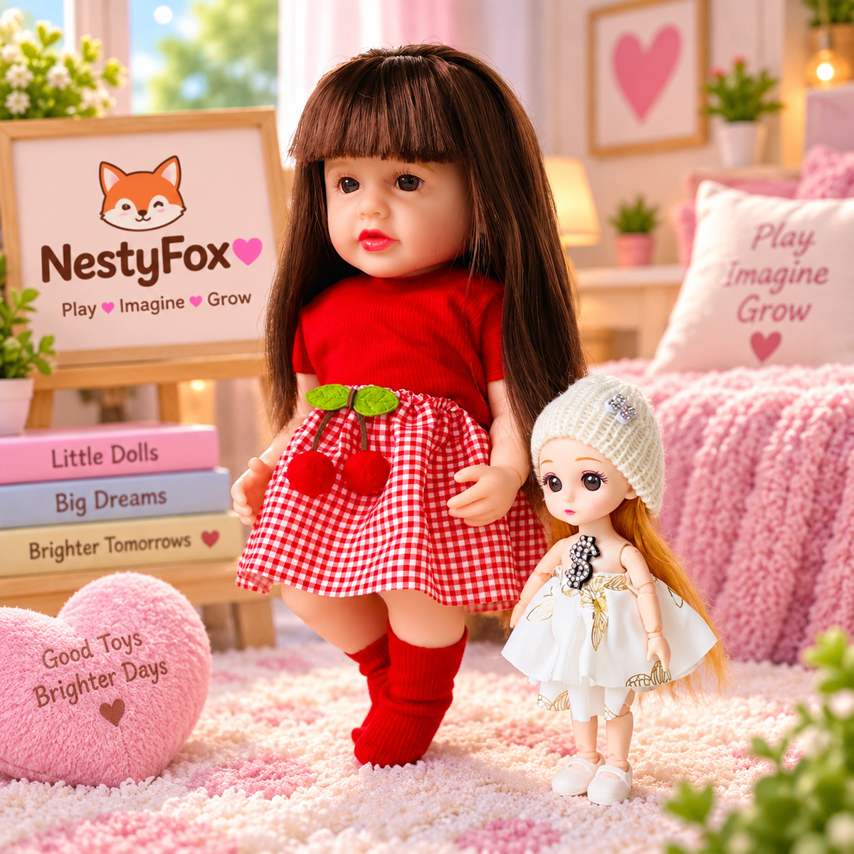 Red dress doll and mini doll displayed in a pink children's playroom