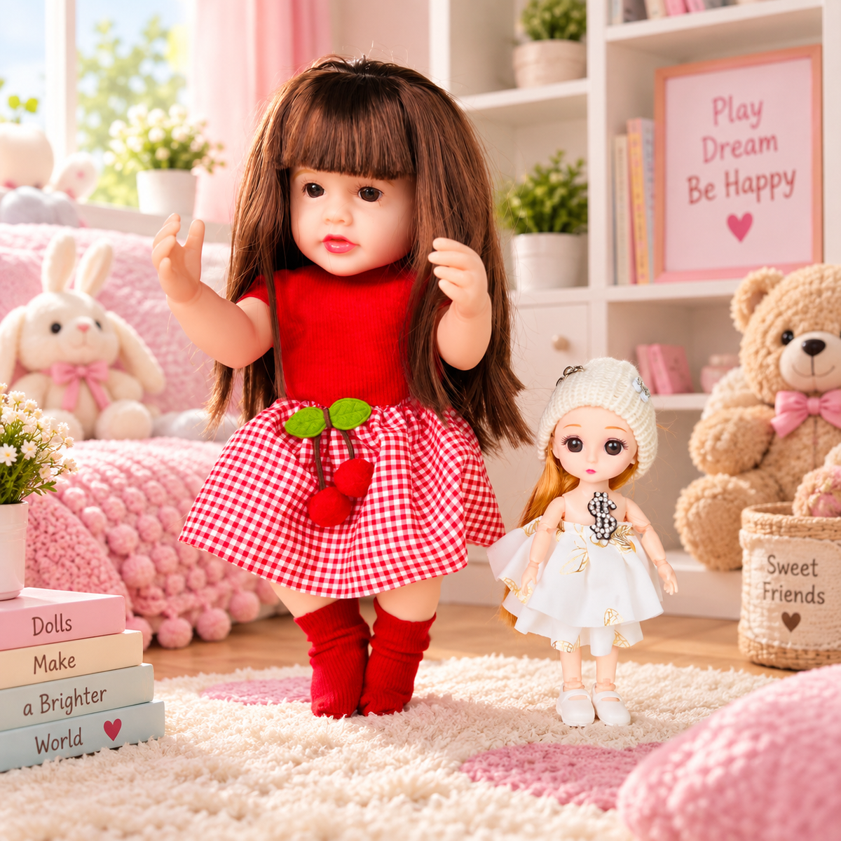 Large red dress doll with mini fashion doll in a sunny outdoor setting