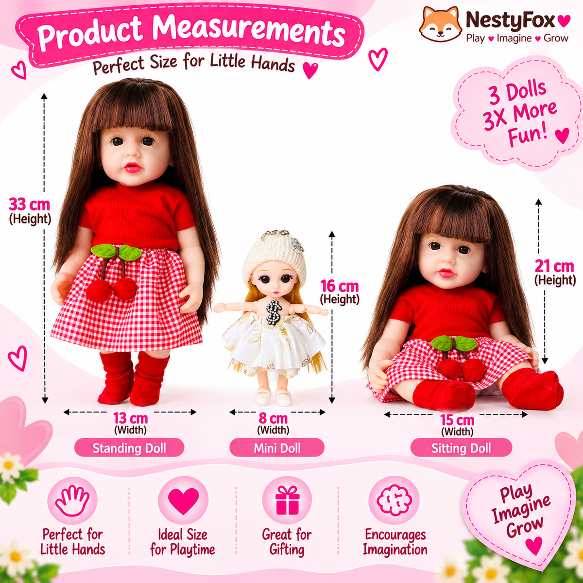 Realistic red dress doll with mini companion doll for imaginative play
