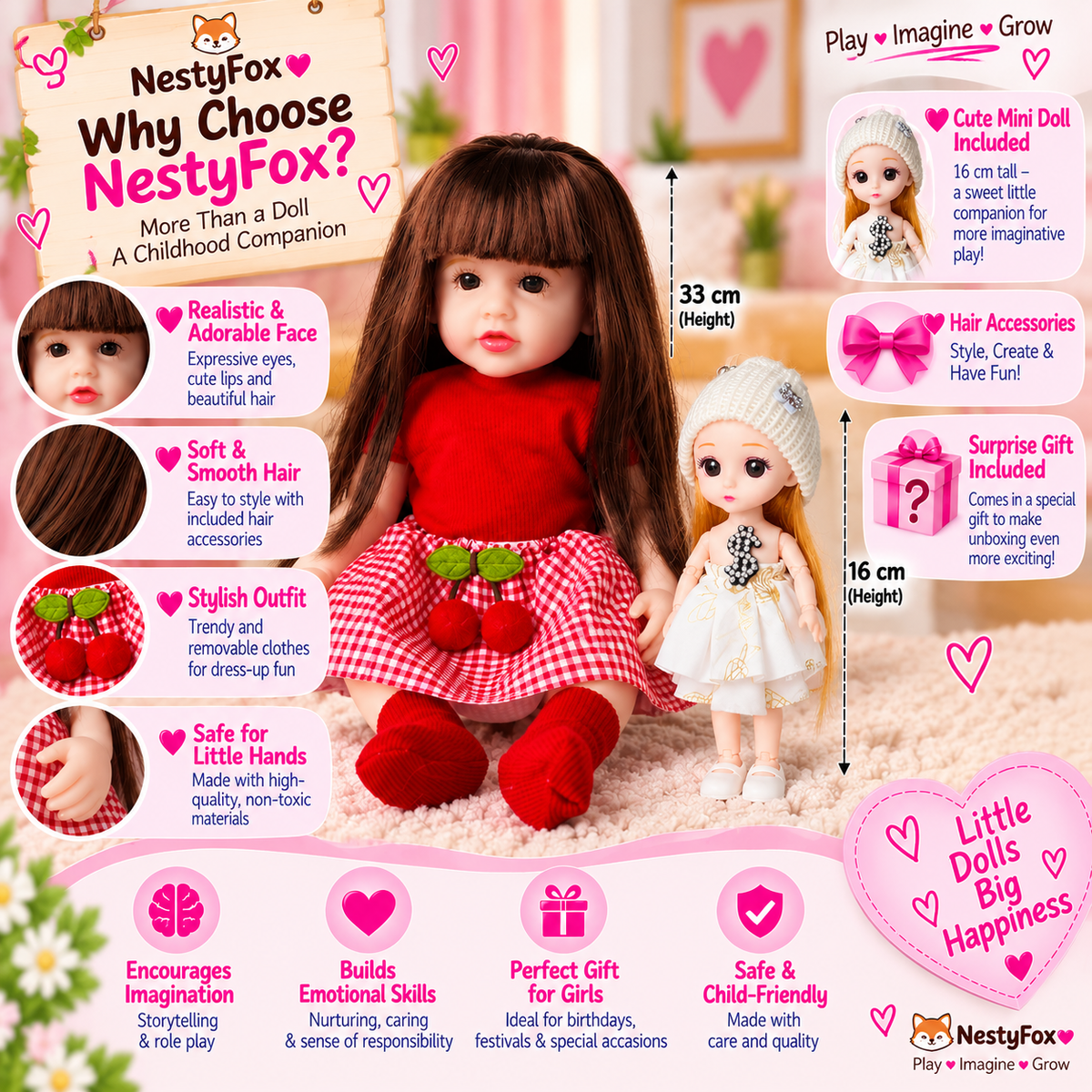 NestyFox doll set features, sizes and child-friendly play benefits