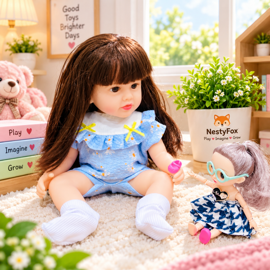 Blue dress doll and mini fashion doll with product features